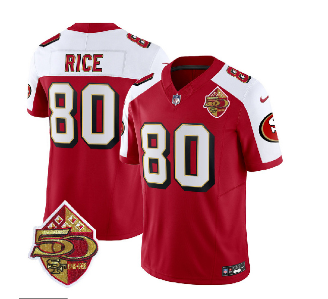 Men's San Francisco 49ers #80 Jerry Rice Red/White 2023 F.U.S.E. 50th Patch Throwback Football Stitched Jersey